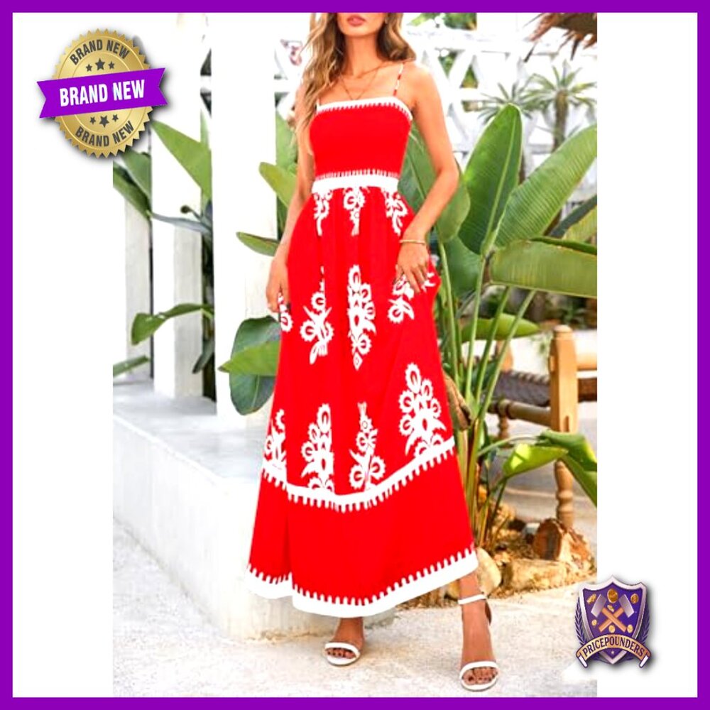 Floral Maxi Dress Boho Spaghetti Strap Smocked Fit and Flare Summer Vacation - Picture 3 of 7
